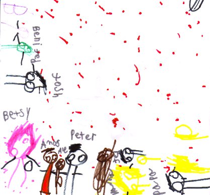 Family portrait with markers, by Betsy, age 3, labeled by Peter